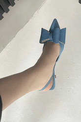Double Bow Pointed Toe Slingback Pump - Denim